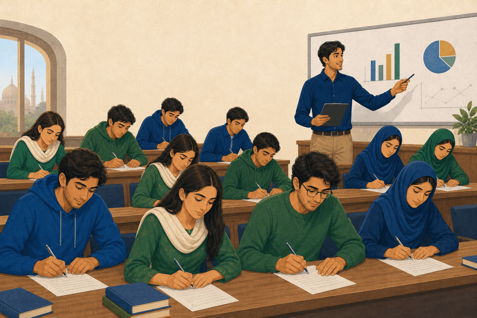 A counsellor presenting SDS findings to students in a lecture hall