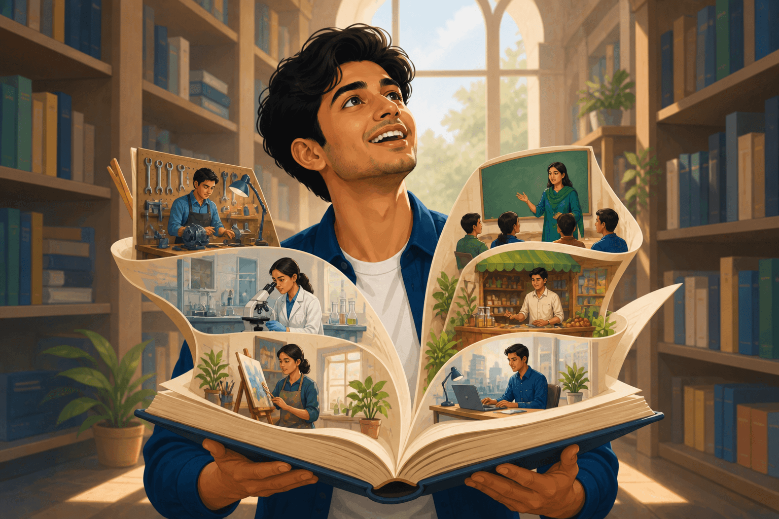 A student in a library seeing six career worlds unfold from a book