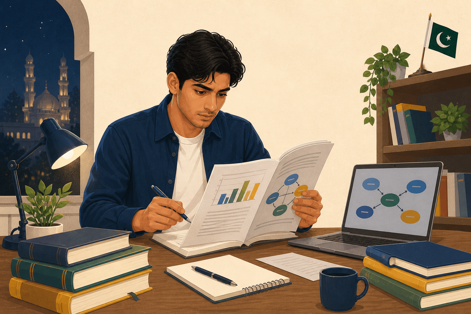 A researcher reviewing SDS factor charts and the full paper